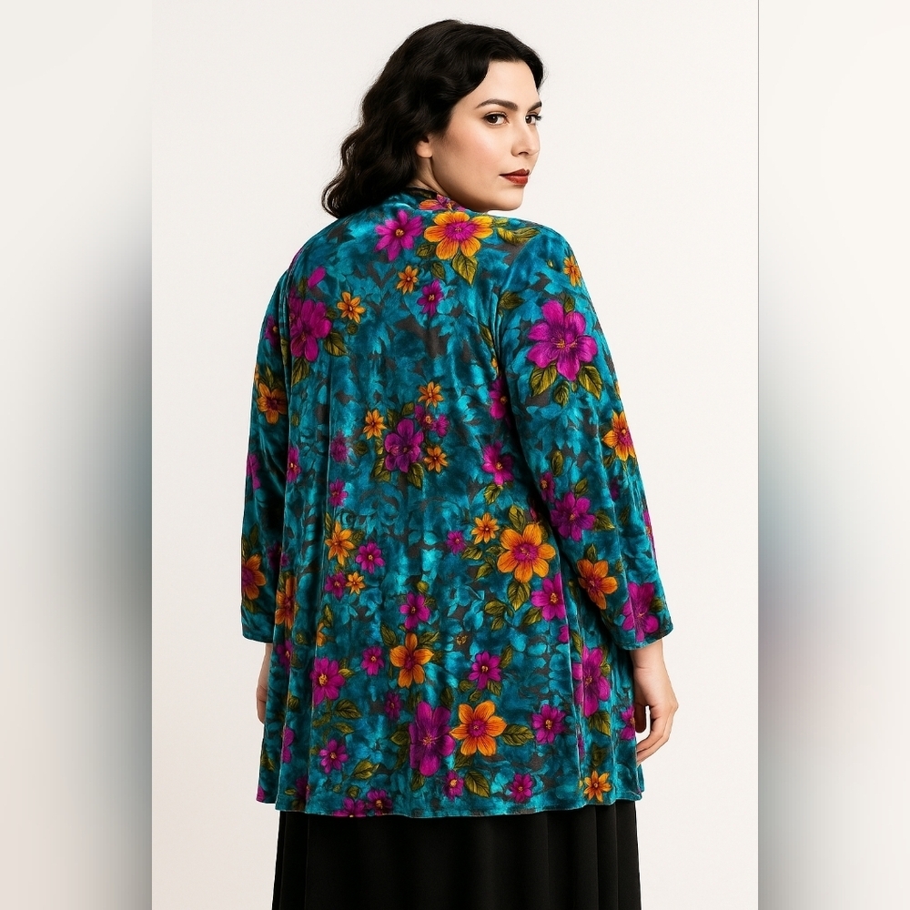 Vintage Jostar Floral Velvet Burnout Romantic Boho Whimsigoth‎ Open Cardigan, 3X